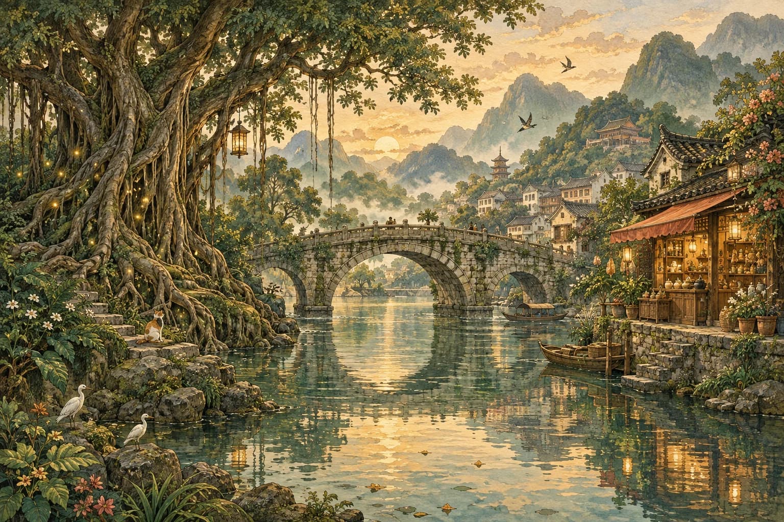 河岸奇幻世界的示範插畫：老榕樹、石橋與亮著暖燈的小店